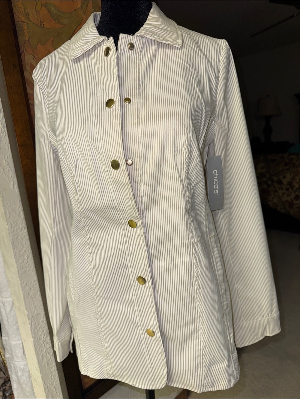 Chico's Cream and TAN Pinstripe Lightweight Snap-Front BLAZER Coat NWT SIZE 0